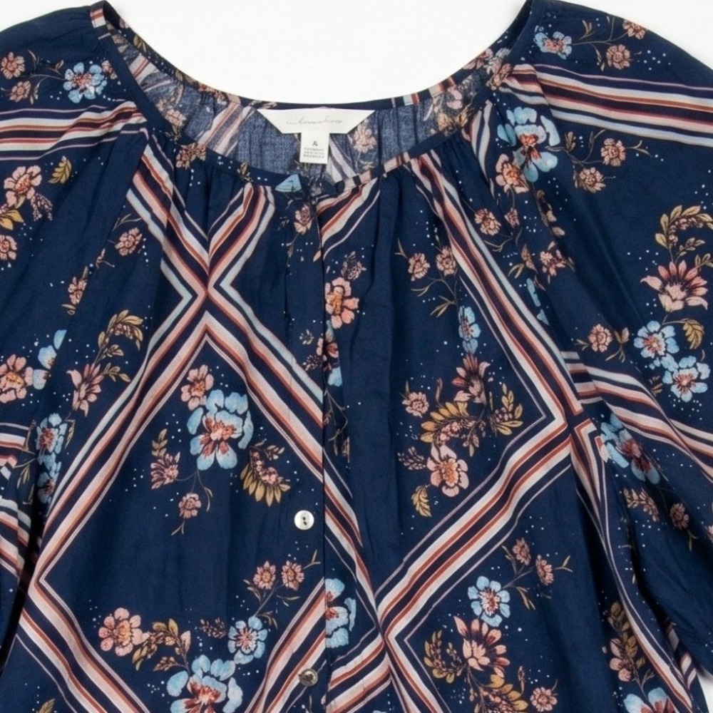 LC Lauren Conrad Blouse Women Large Blue Floral Diamond‎ Puff Sleeve Boho Top - Picture 6 of 13